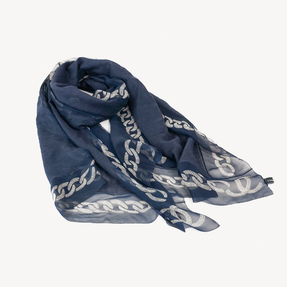 Chanel Navy Gauze & Chiffon CC Chainlink-Border Scarf